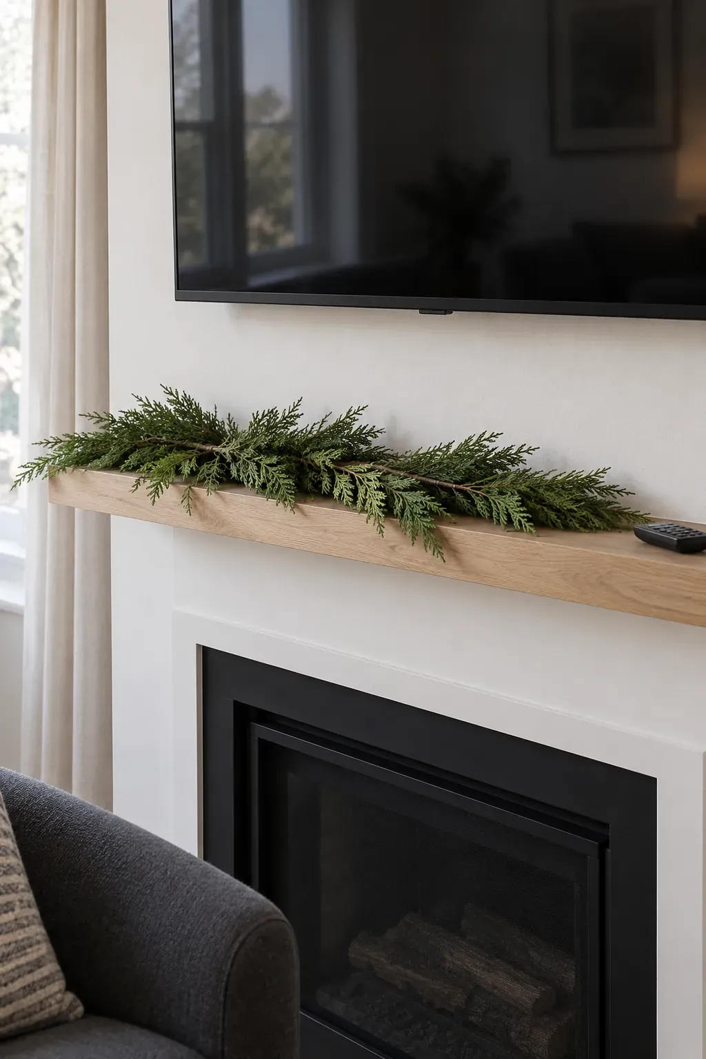 Keep cedar below the screen on a Christmas mantel with a television