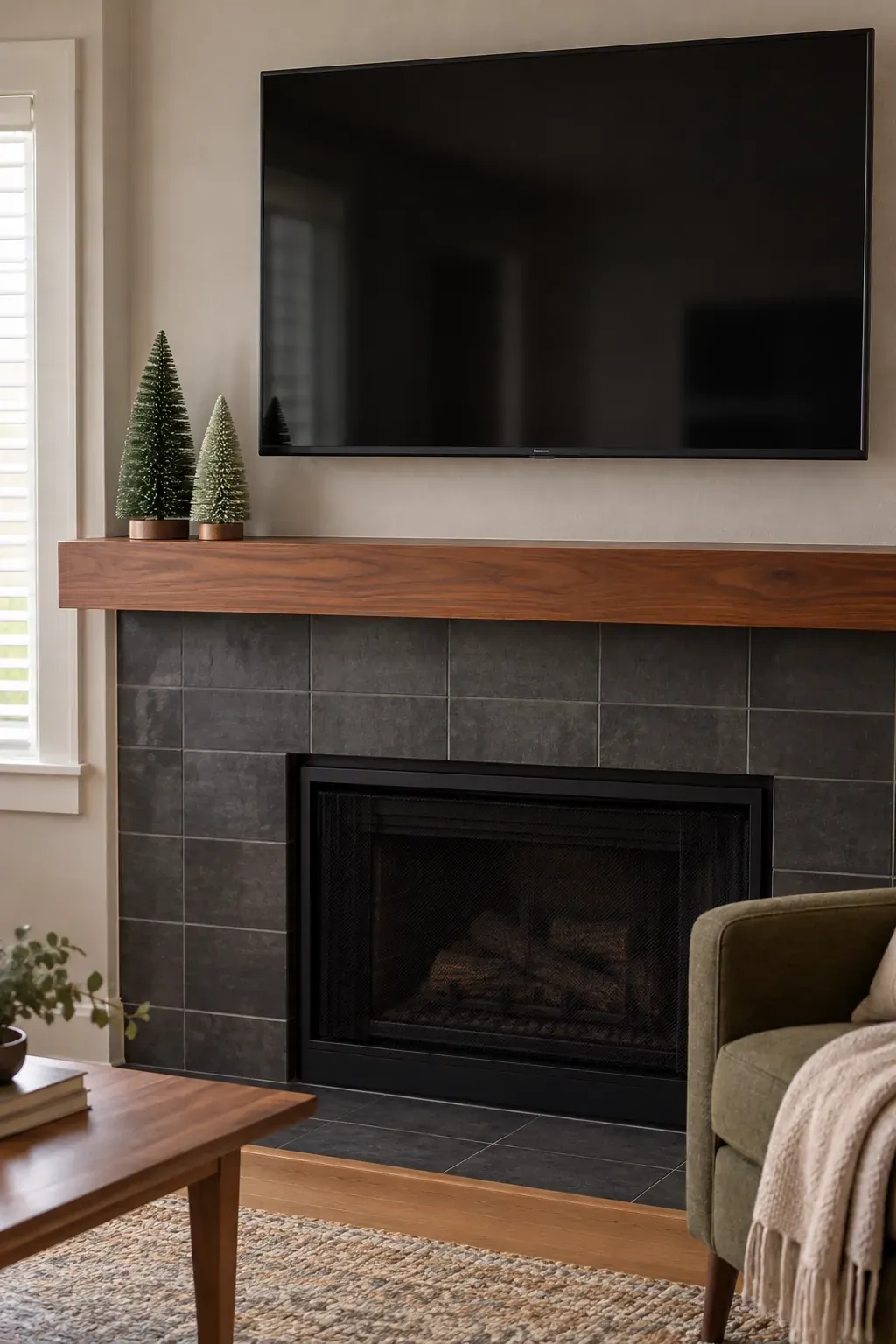Move miniature trees beyond the television edges on a Christmas mantel with a television
