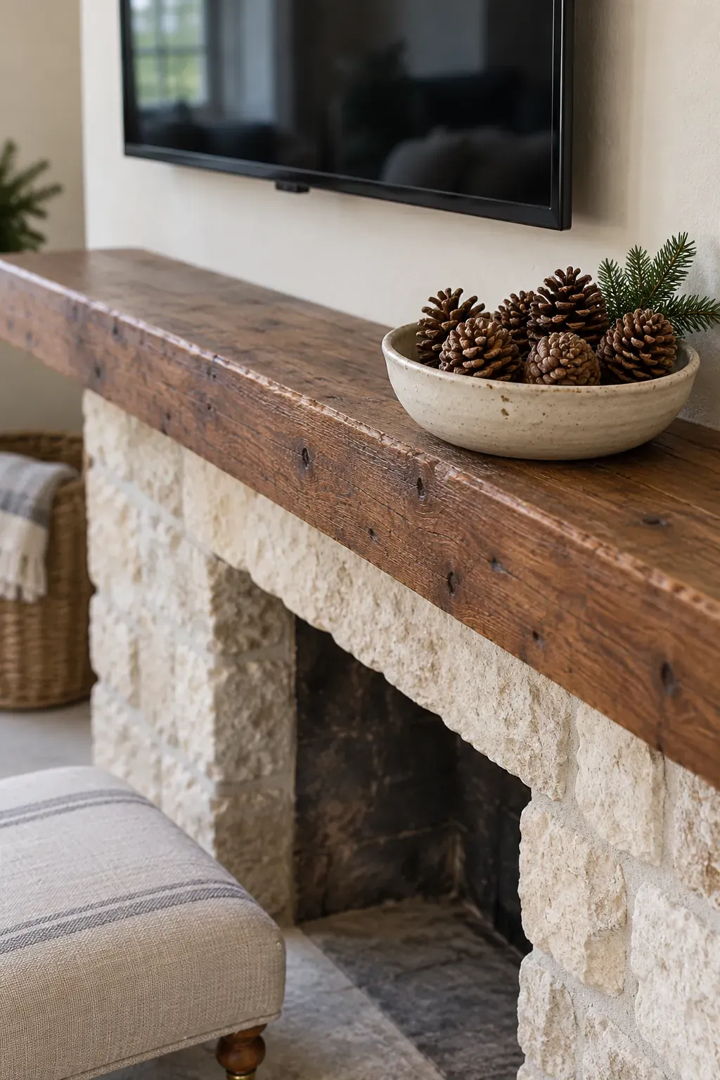 Let a pinecone bowl do the work on a Christmas mantel with a television