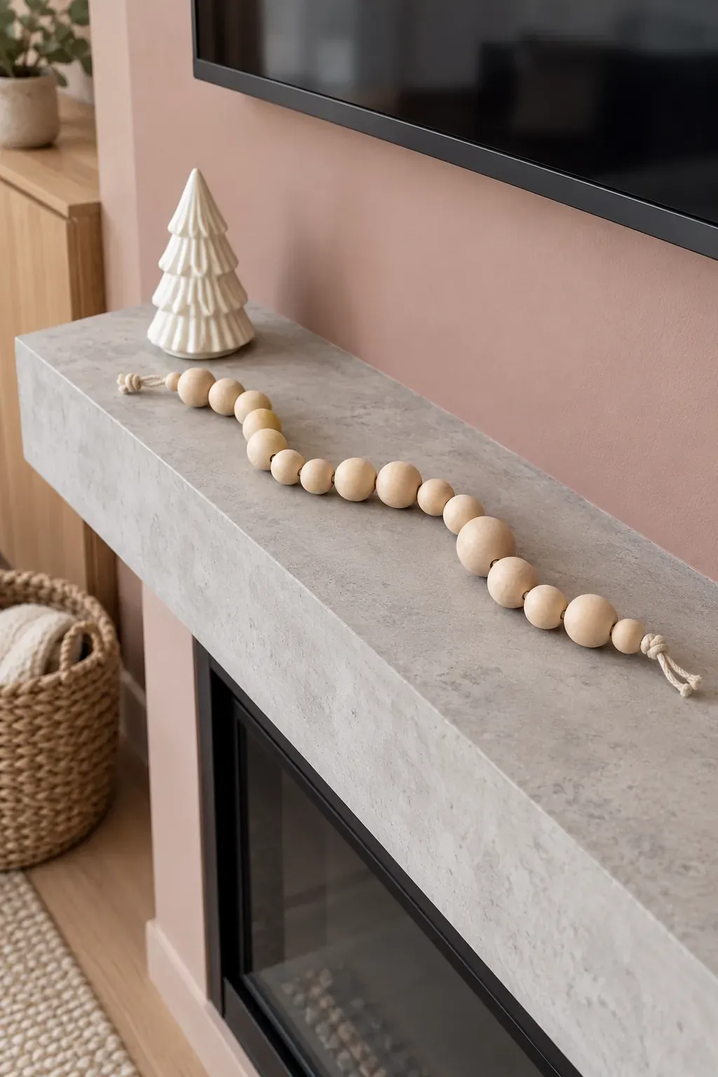 Use a short strand of wooden beads on a Christmas mantel with a television