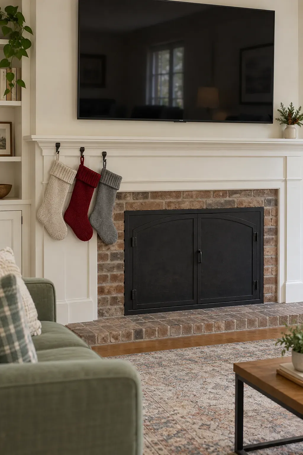 Hang stockings beside an unused fire opening on a Christmas mantel with a television