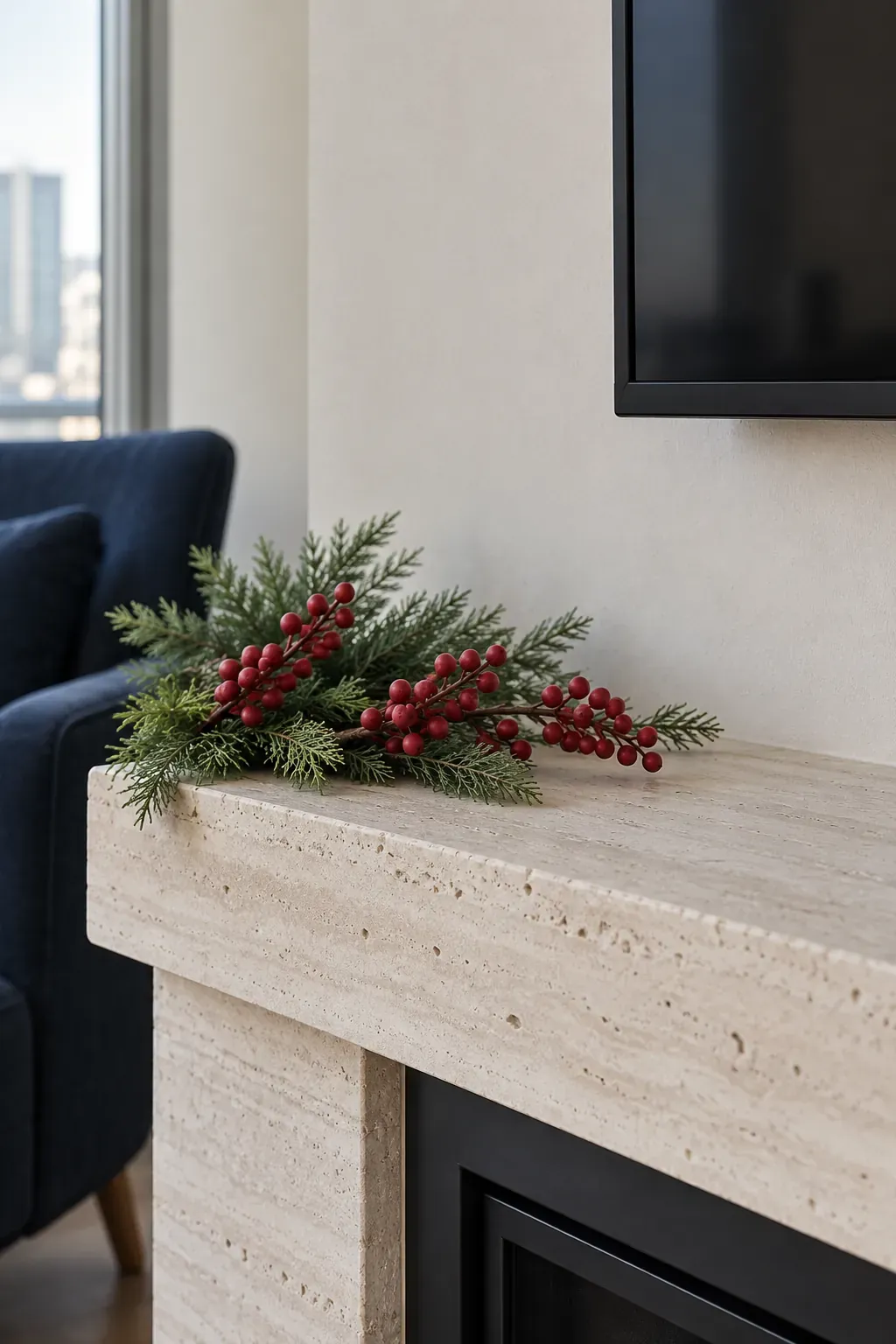 Add berry stems to a clear end zone on a Christmas mantel with a television