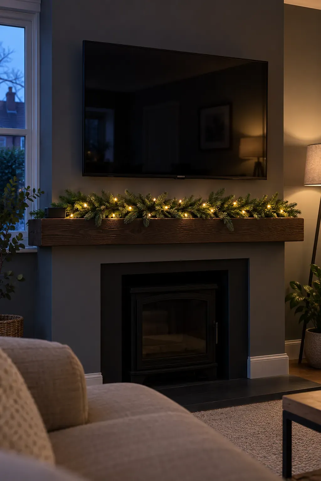 Tuck a gentle light strand into greenery on a Christmas mantel with a television