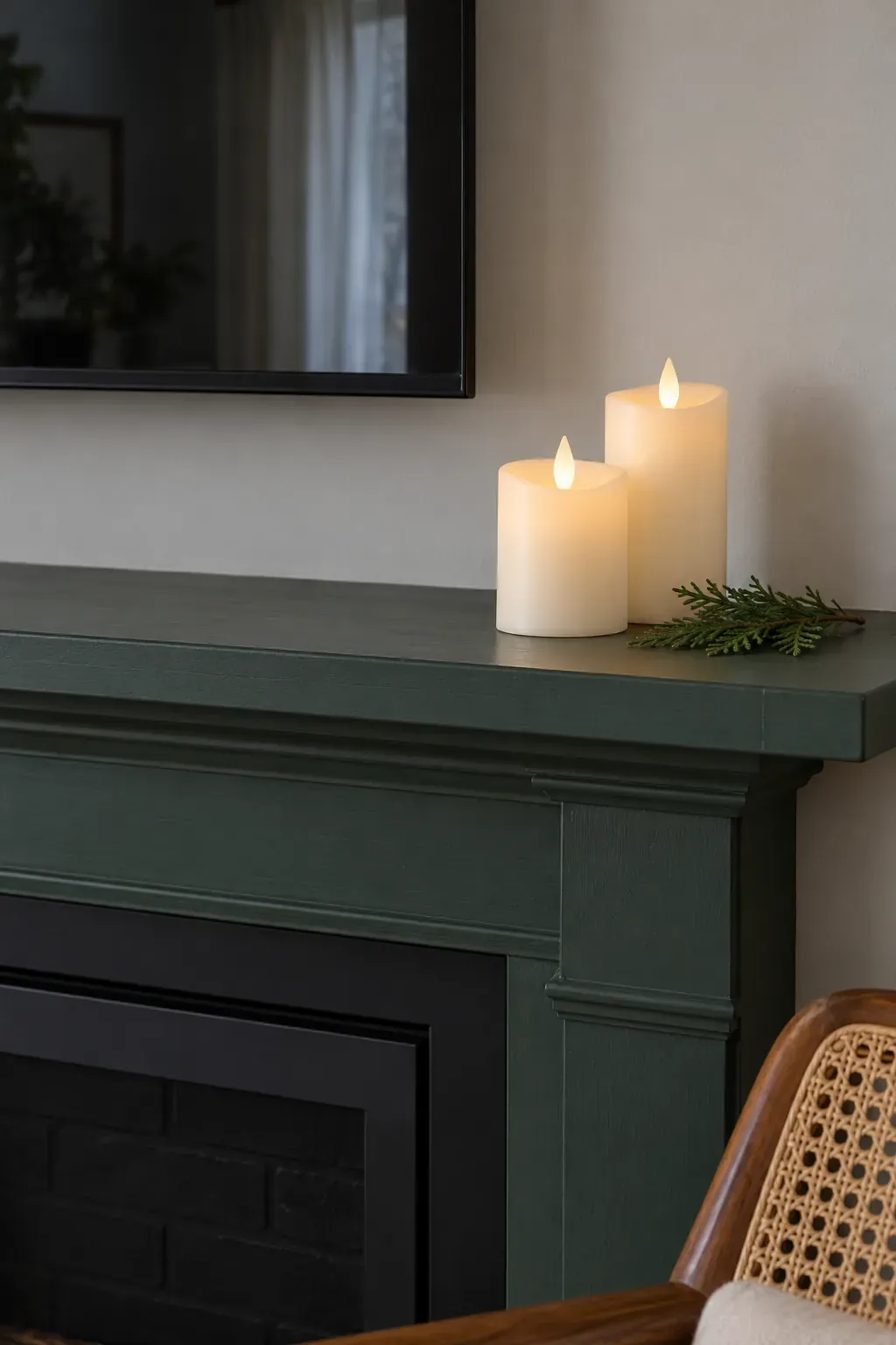 Keep flameless candles at one outer corner on a Christmas mantel with a television