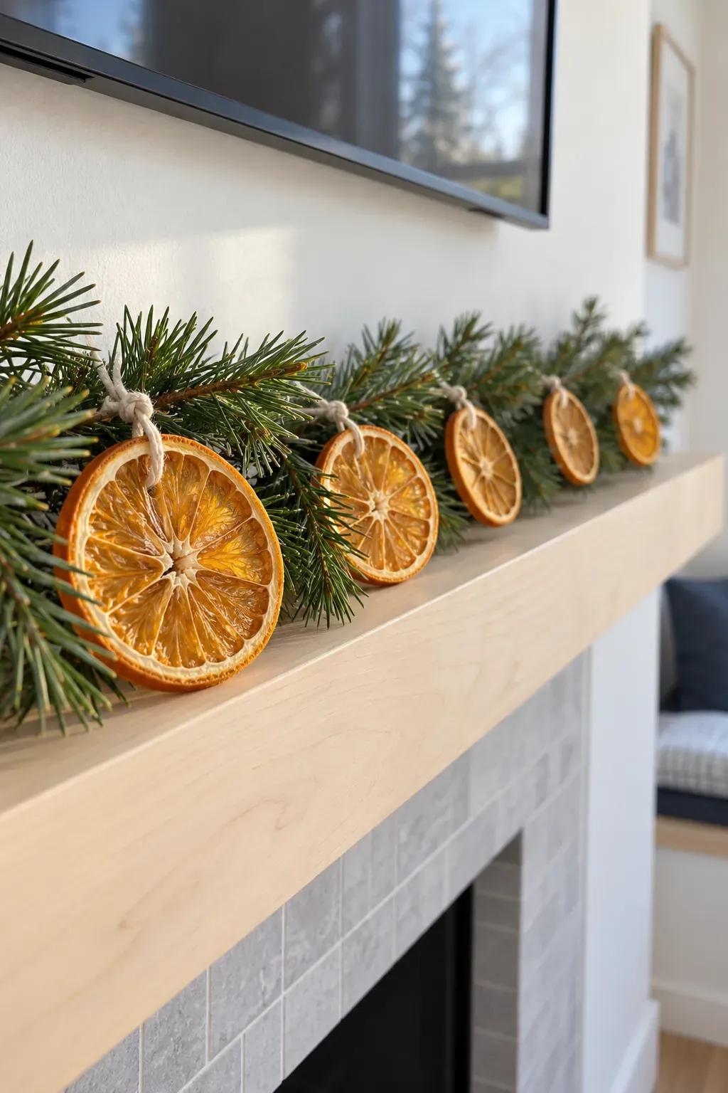 Thread dried orange slices into a small accent on a Christmas mantel with a television