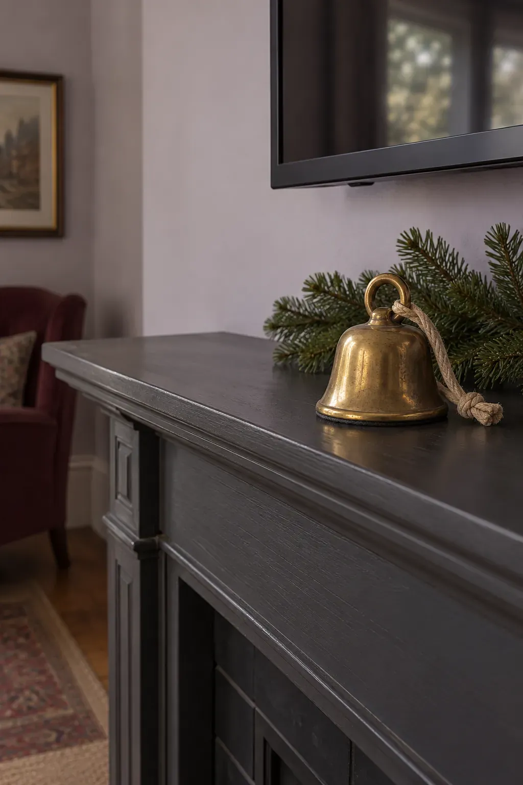 Pair a brass bell with plain greenery on a Christmas mantel with a television