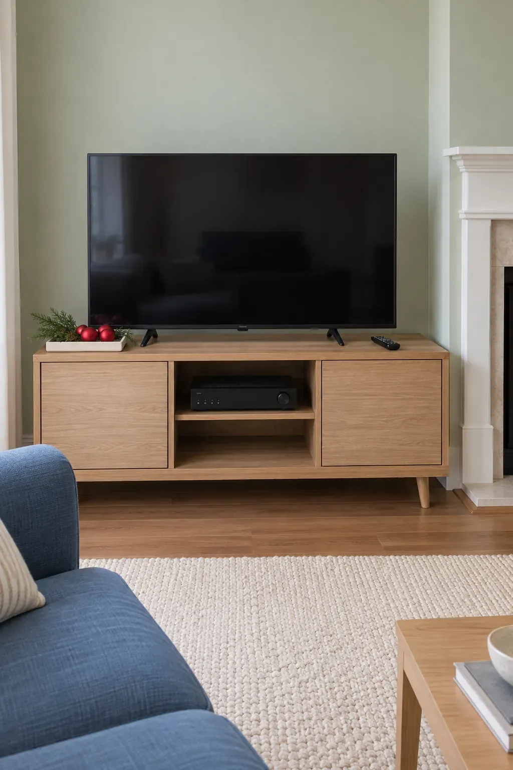 Carry the same low arrangement onto a TV stand on a Christmas mantel with a television