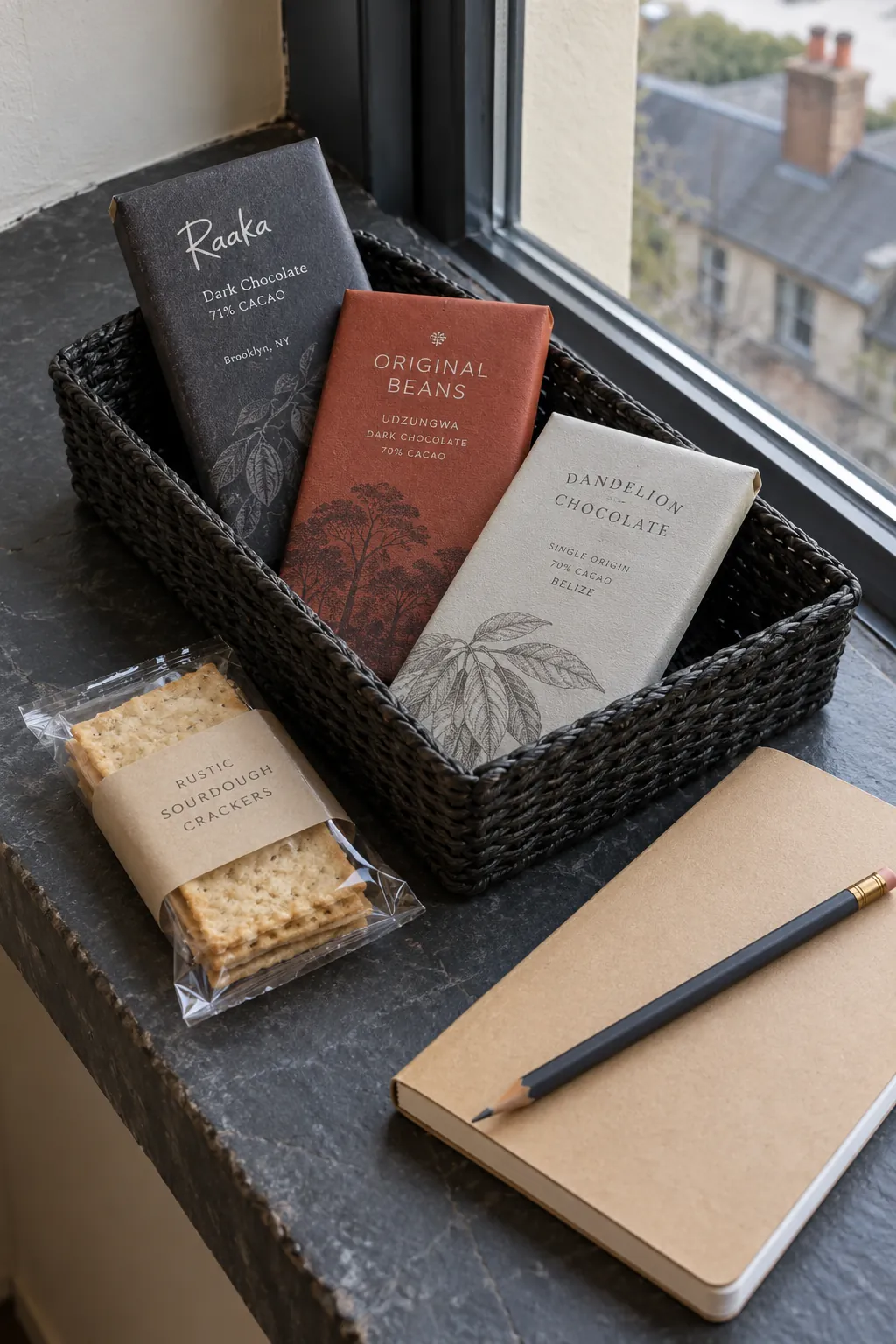 A dark chocolate tasting basket arranged with packaged chocolate