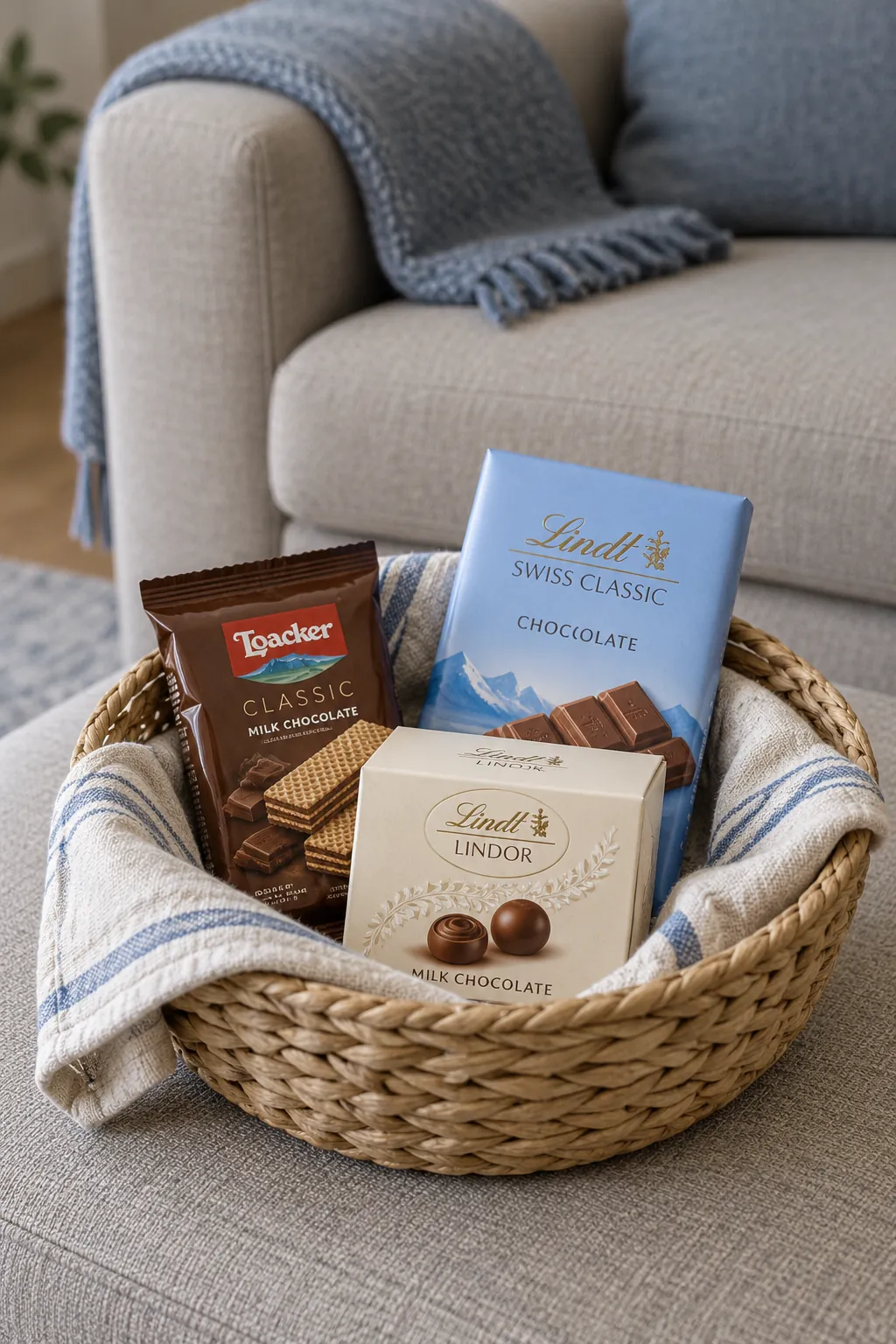 A milk chocolate comfort basket arranged with packaged chocolate