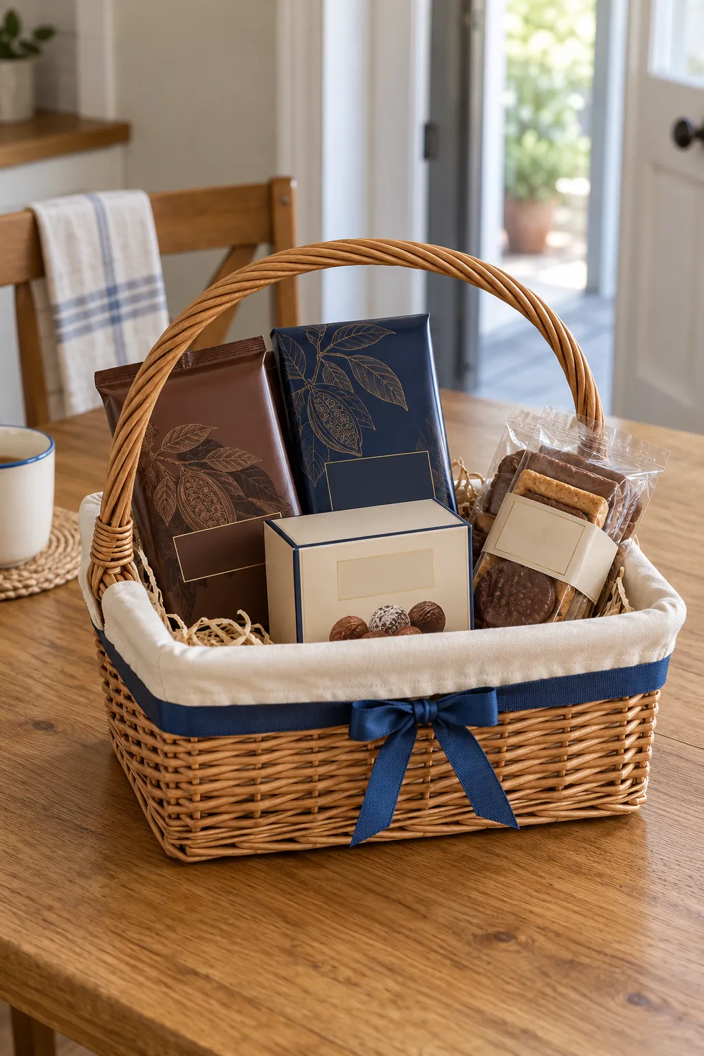 Woven chocolate gift basket with wrapped bars and a simple ribbon