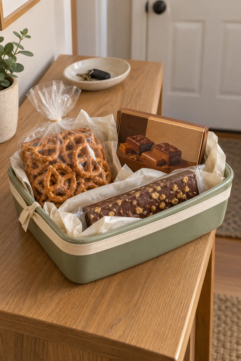 A caramel and crunch basket arranged with packaged chocolate