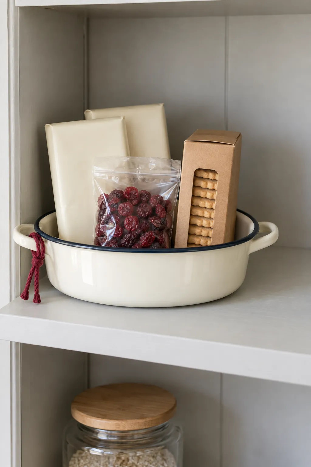 A white chocolate and berry basket arranged with packaged chocolate