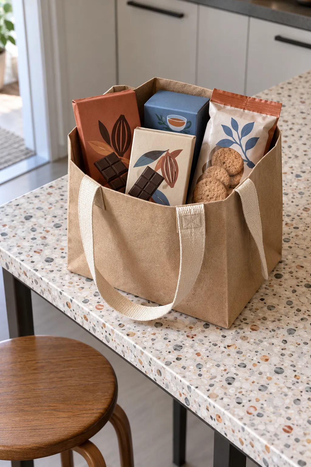 A vegan chocolate pantry basket arranged with packaged chocolate