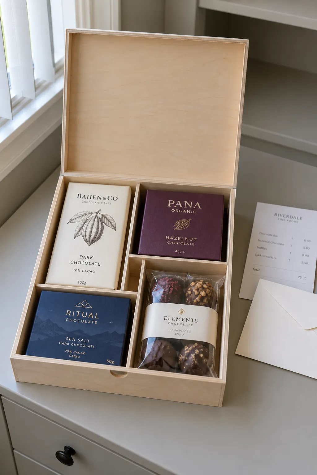 A basket built around trusted ingredient labels arranged with packaged chocolate