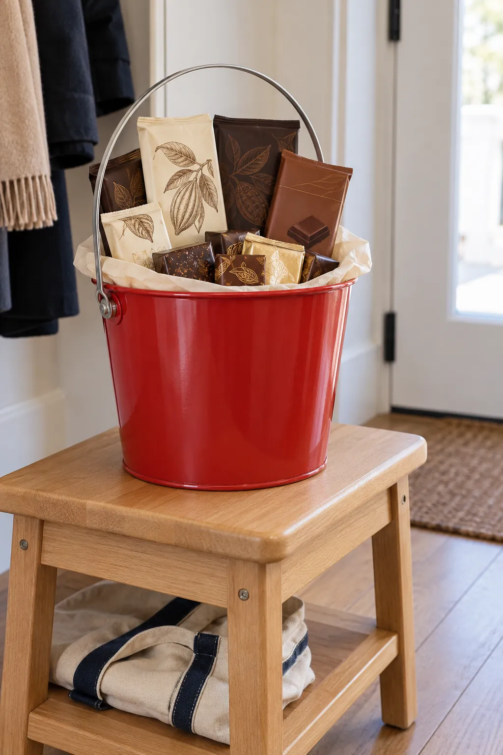 A reusable chocolate bucket gift arranged with packaged chocolate