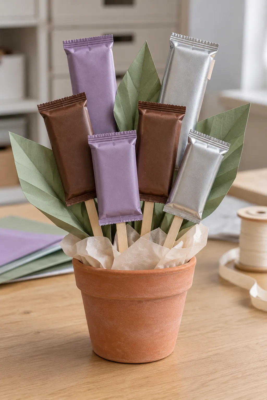 A bouquet made from wrapped chocolate arranged with packaged chocolate