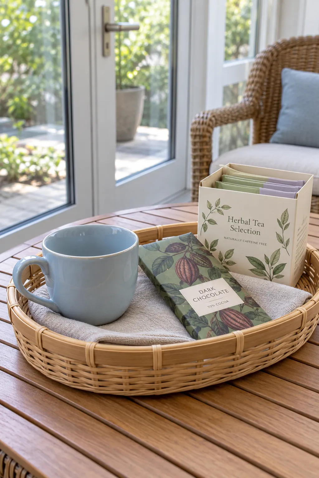 A chocolate and tea pause basket arranged with packaged chocolate