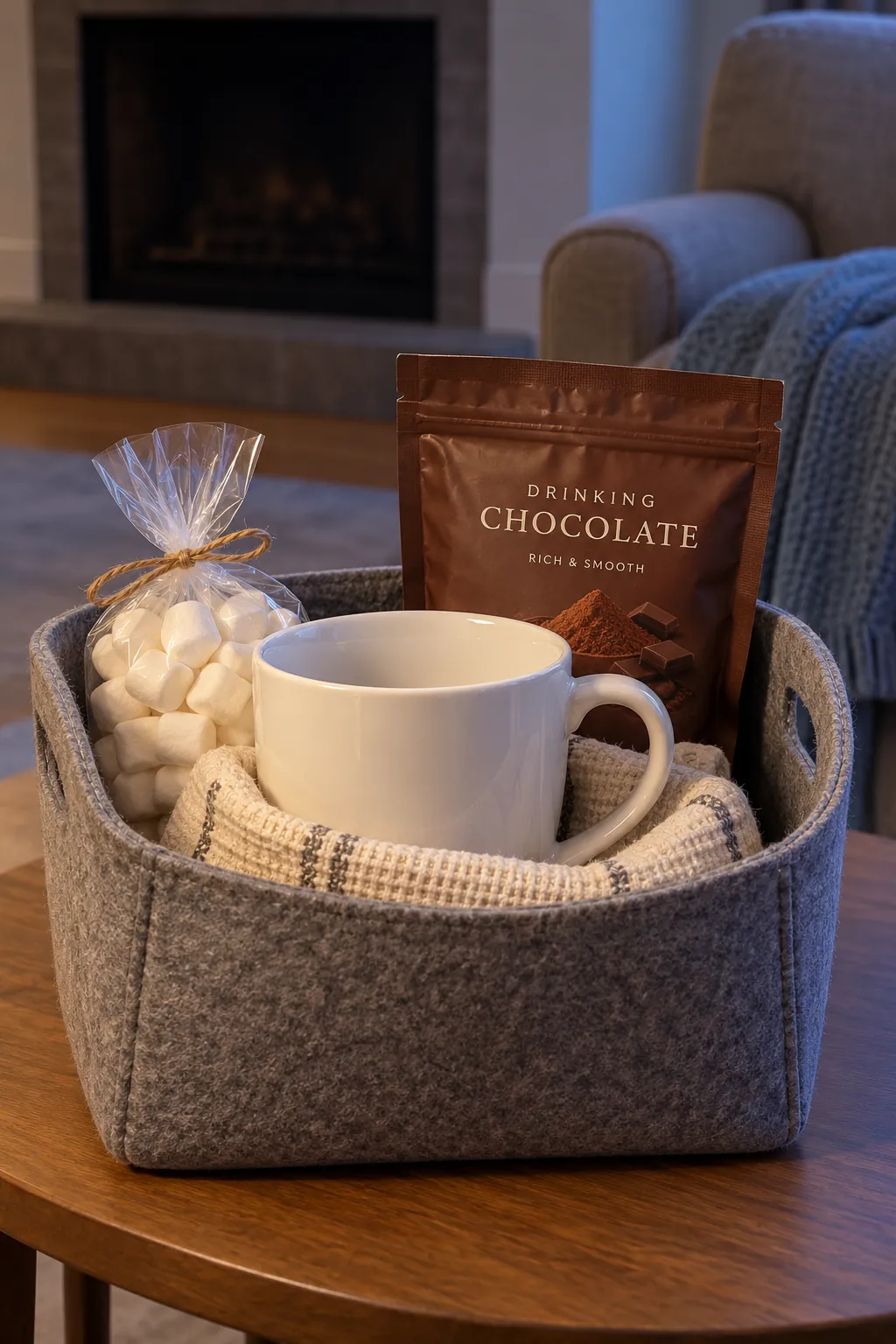 A hot cocoa evening basket arranged with packaged chocolate