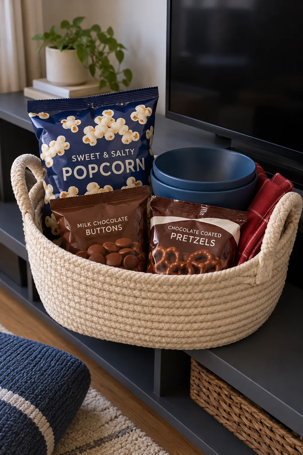 A movie night chocolate basket arranged with packaged chocolate