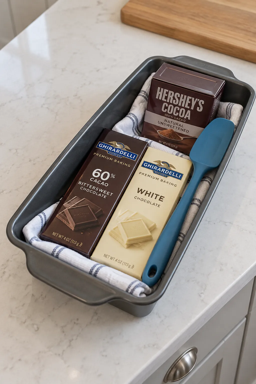 A chocolate baker’s ingredient basket arranged with packaged chocolate