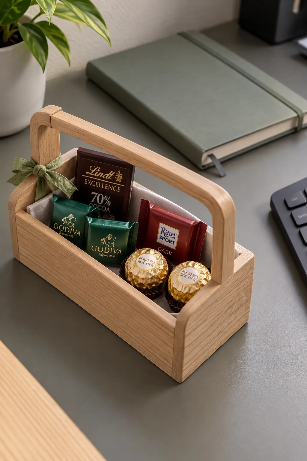 A tidy desk break basket arranged with packaged chocolate