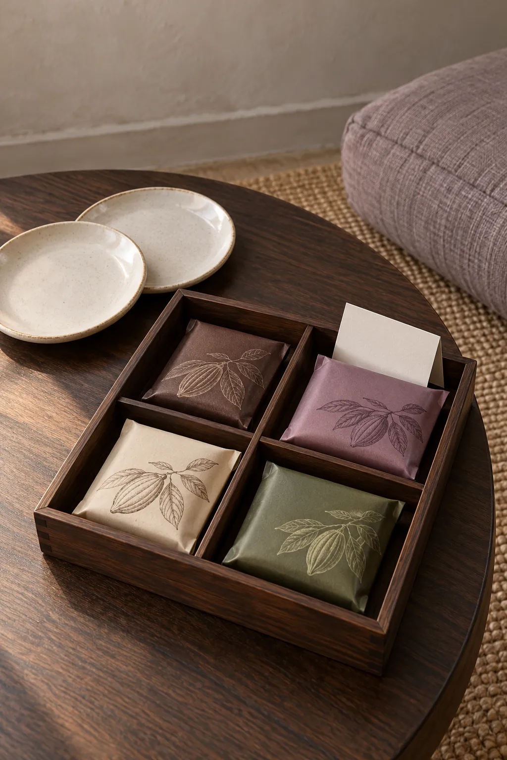 A chocolate tasting basket for two arranged with packaged chocolate