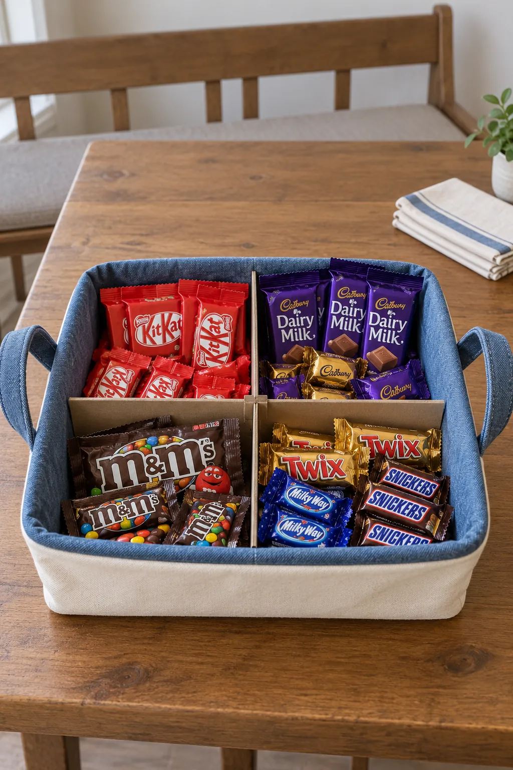 A family basket with separate sections arranged with packaged chocolate
