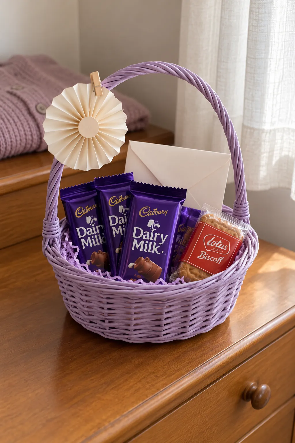 A birthday basket around one favorite treat arranged with packaged chocolate