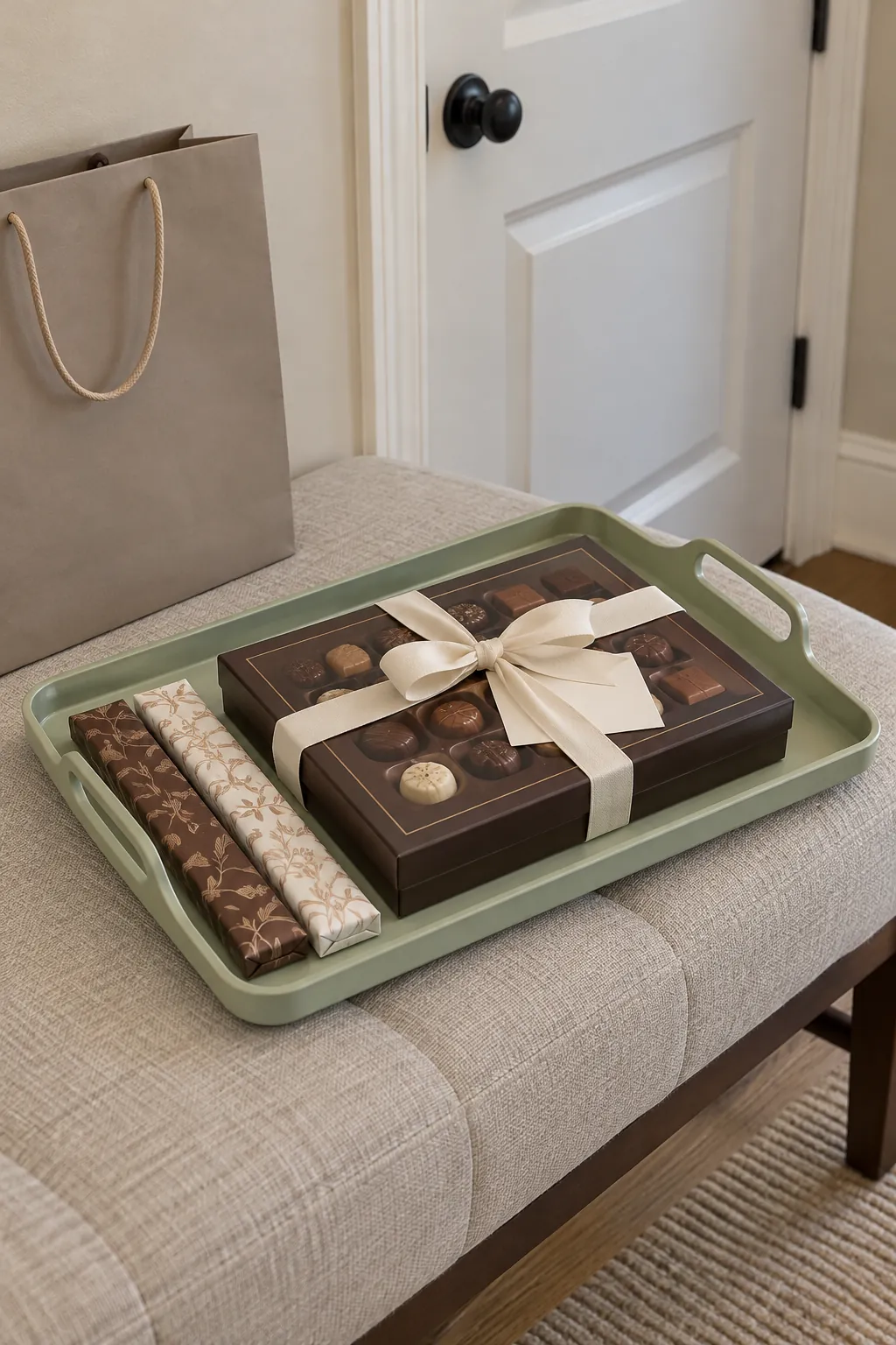 A host’s chocolate serving tray arranged with packaged chocolate