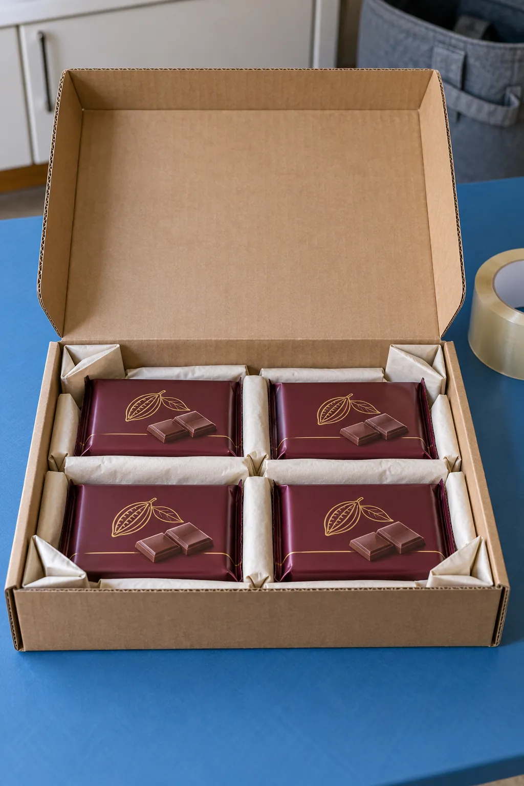 A flat chocolate care package arranged with packaged chocolate