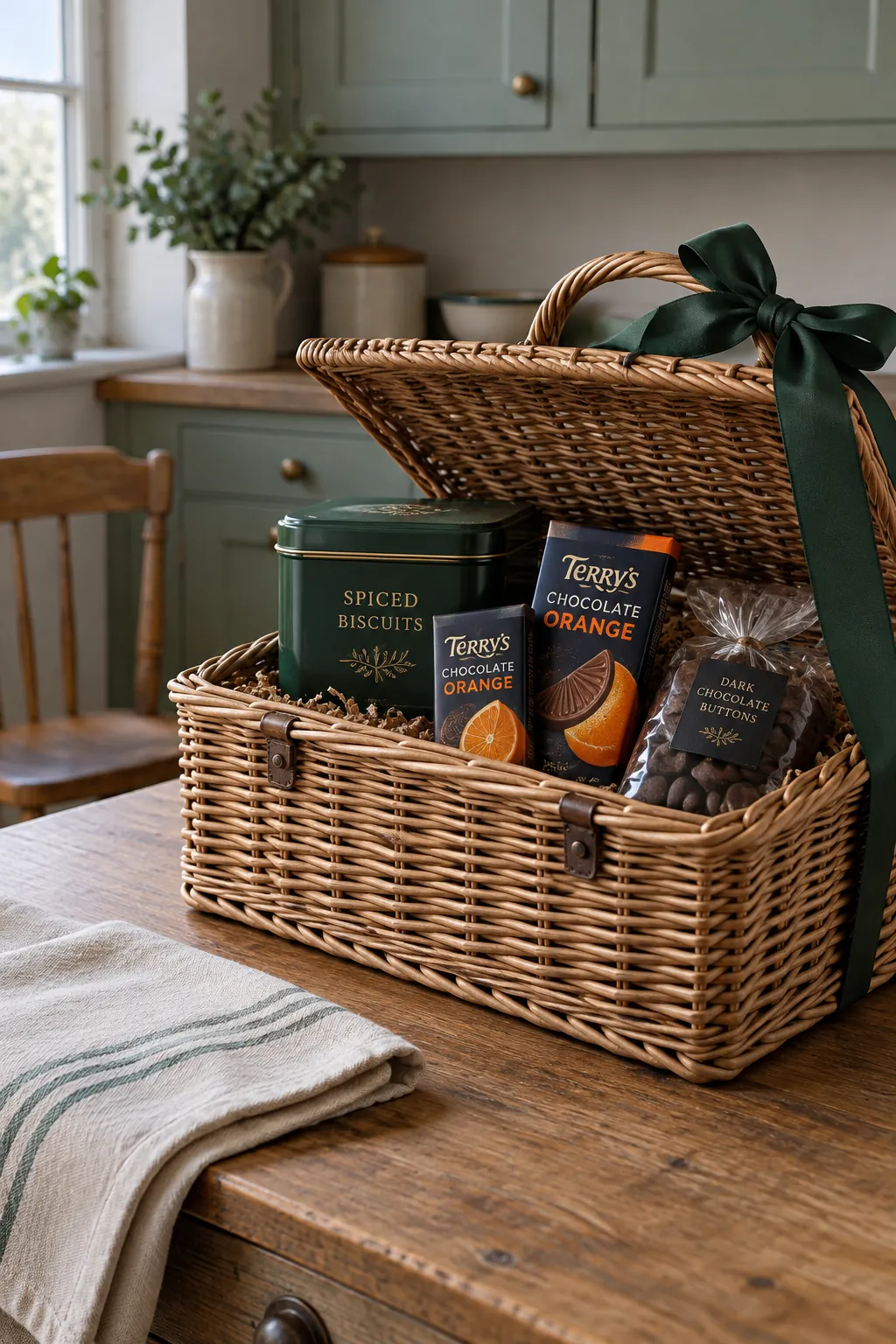 A seasonal chocolate hamper arranged with packaged chocolate