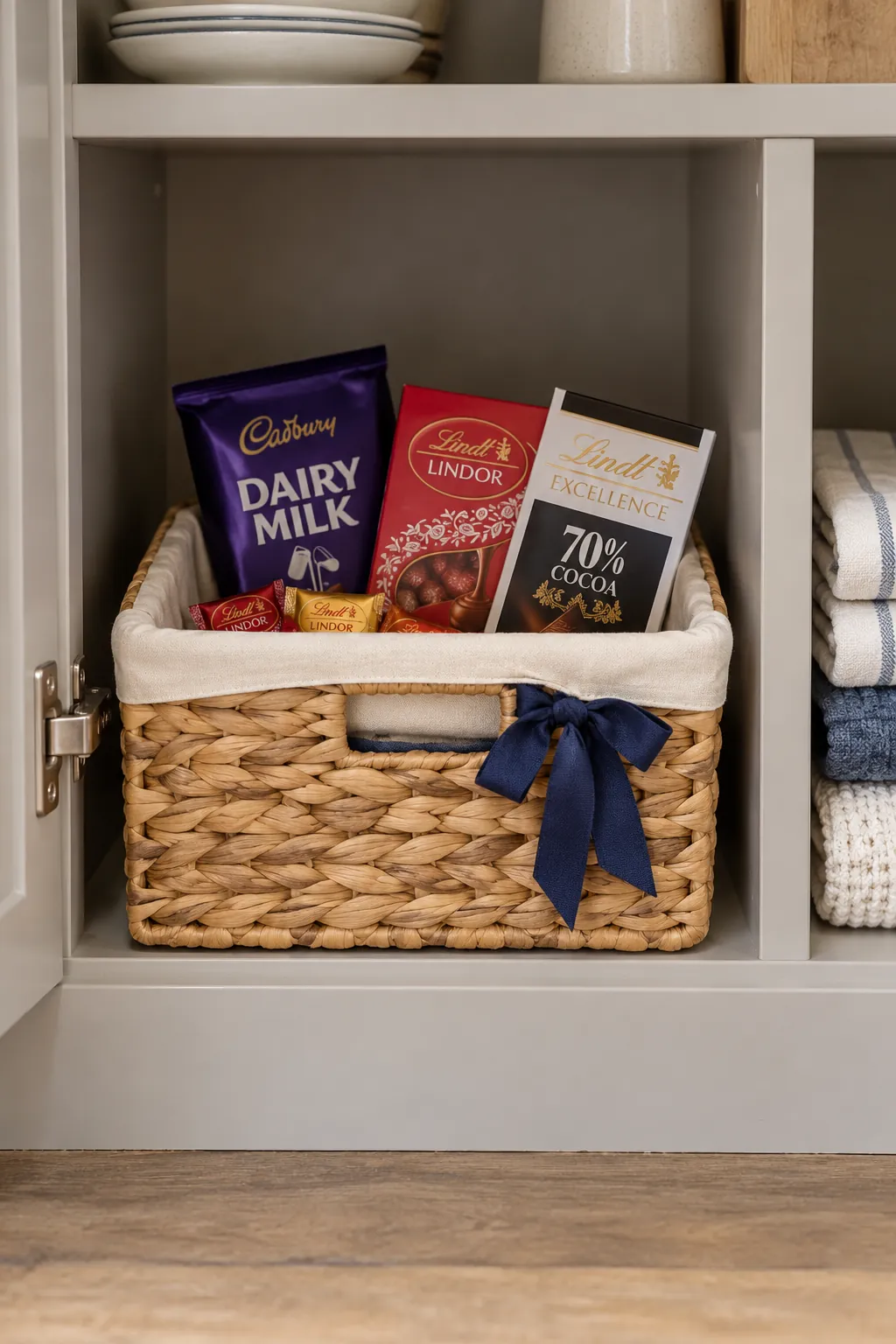 A useful basket with a simple refill plan arranged with packaged chocolate