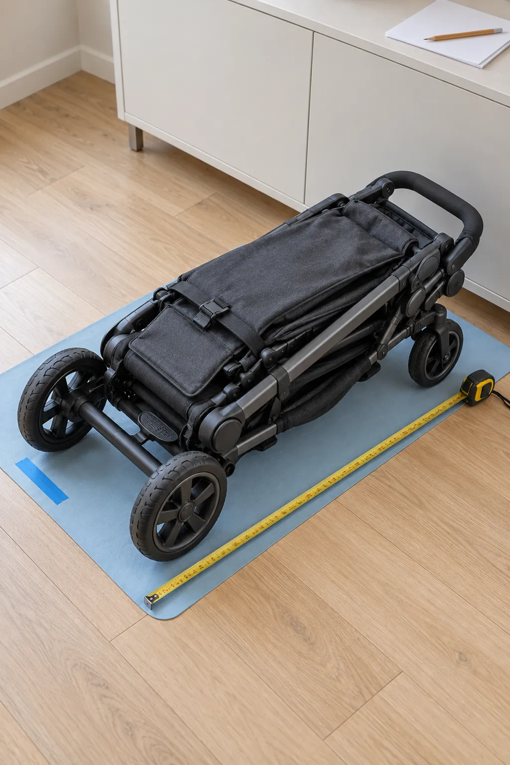 Folded stroller beside a tape measure during an apartment storage fit check