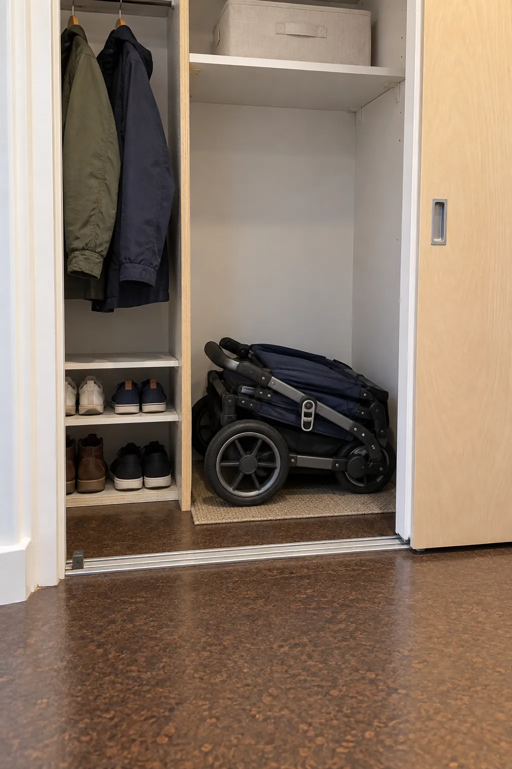Folded stroller stored on the floor of a clear coat closet slot