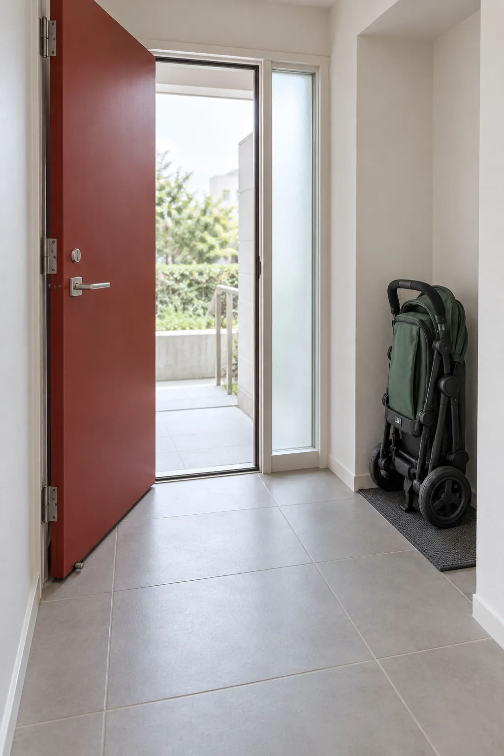 Folded stroller parked in a side alcove with a clear entrance route