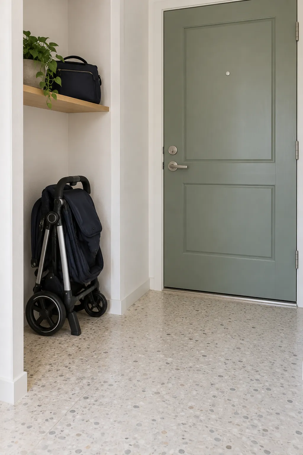 Folded stroller stored in an apartment alcove beside a clear front door route