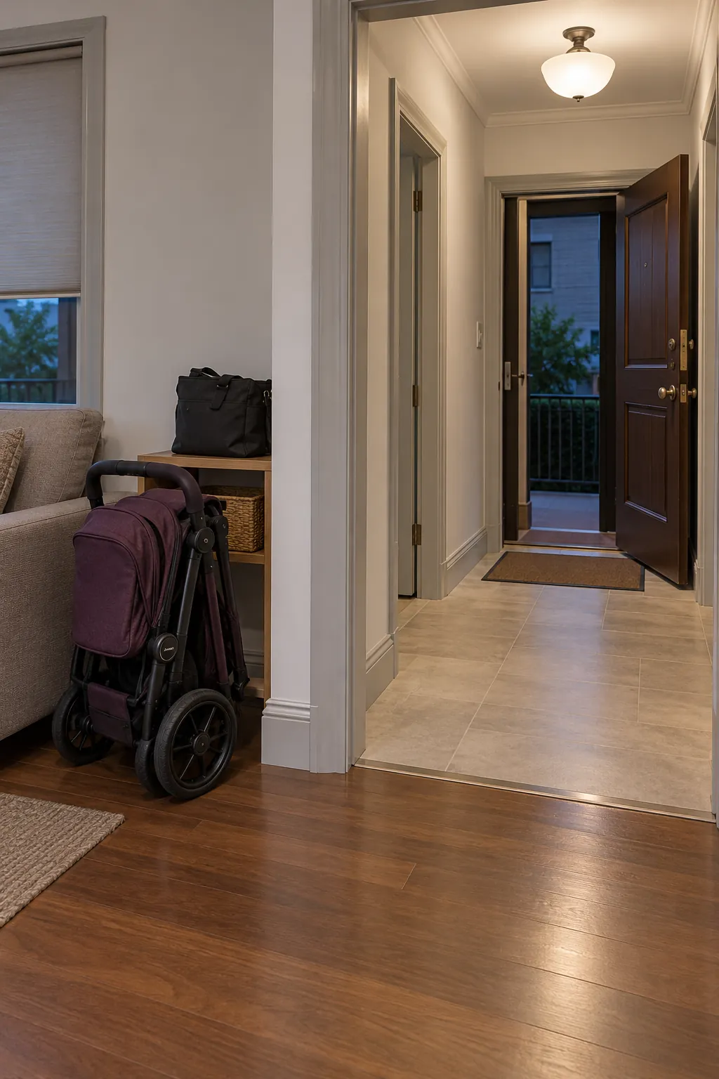 Clear apartment entrance with stroller and bag ready in a separate room corner