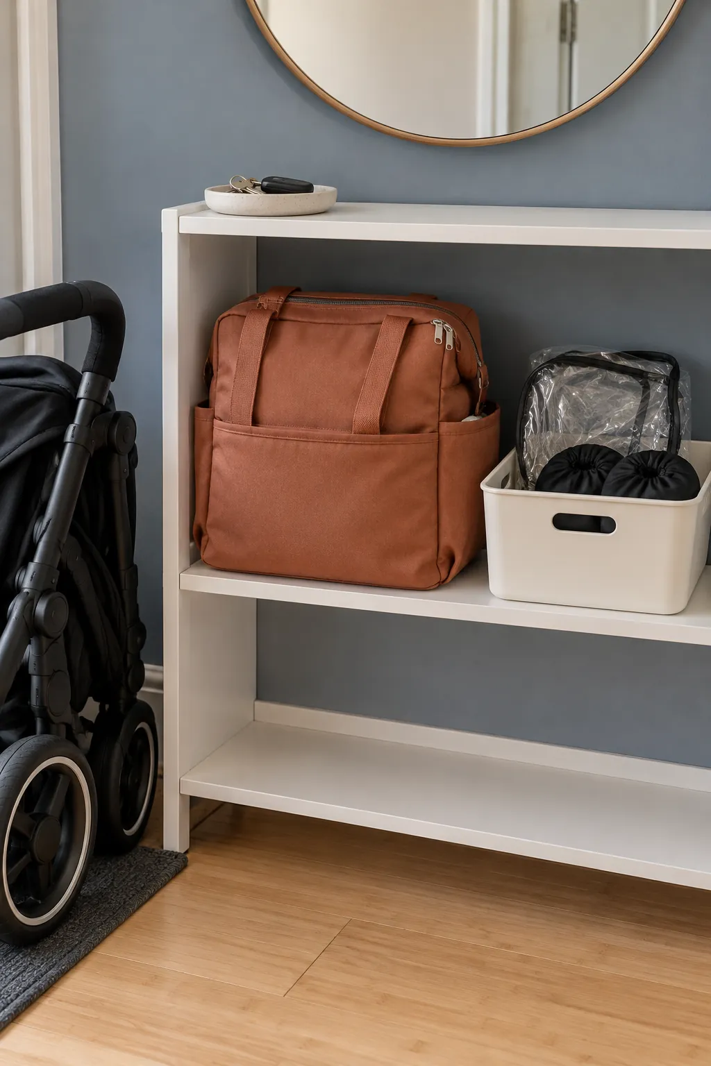 Changing bag and dry stroller accessories stored beside a compact parking area