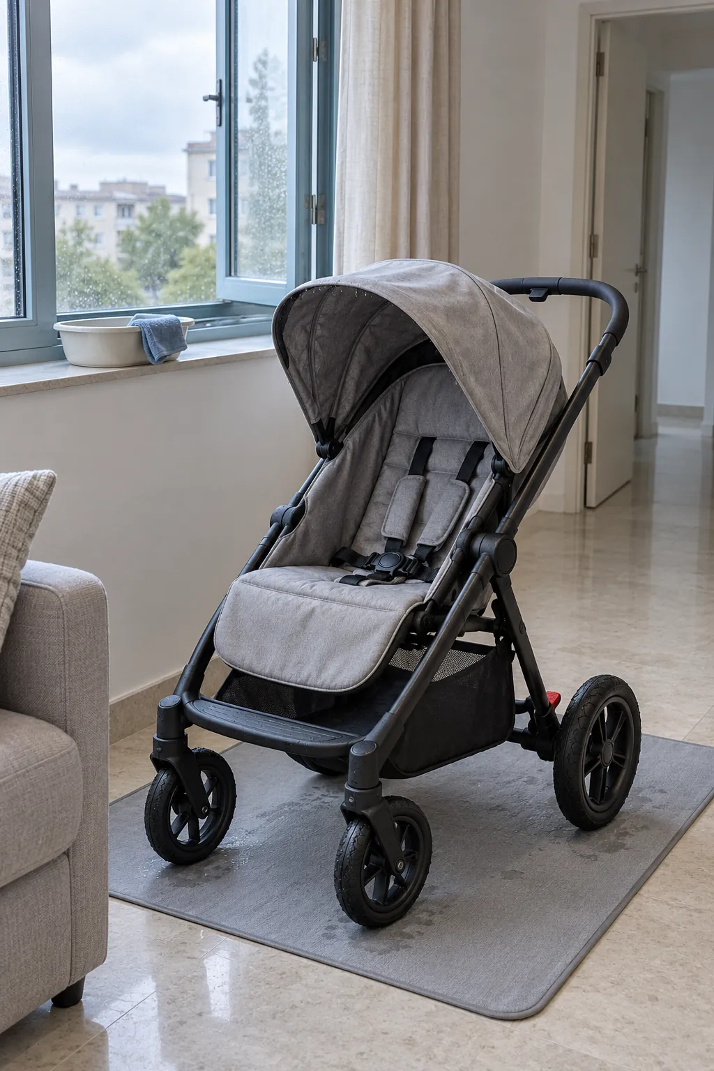 Empty stroller drying on a washable mat beside a window inside an apartment