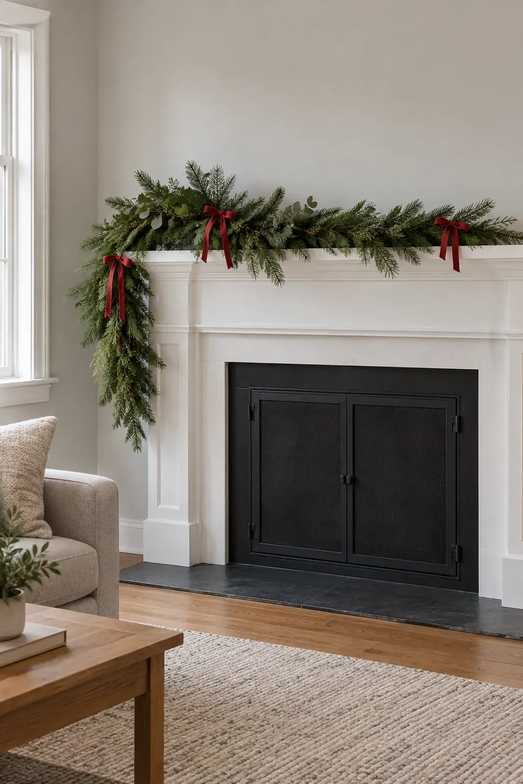 Simple evergreen Christmas garland with red ties on a white mantel