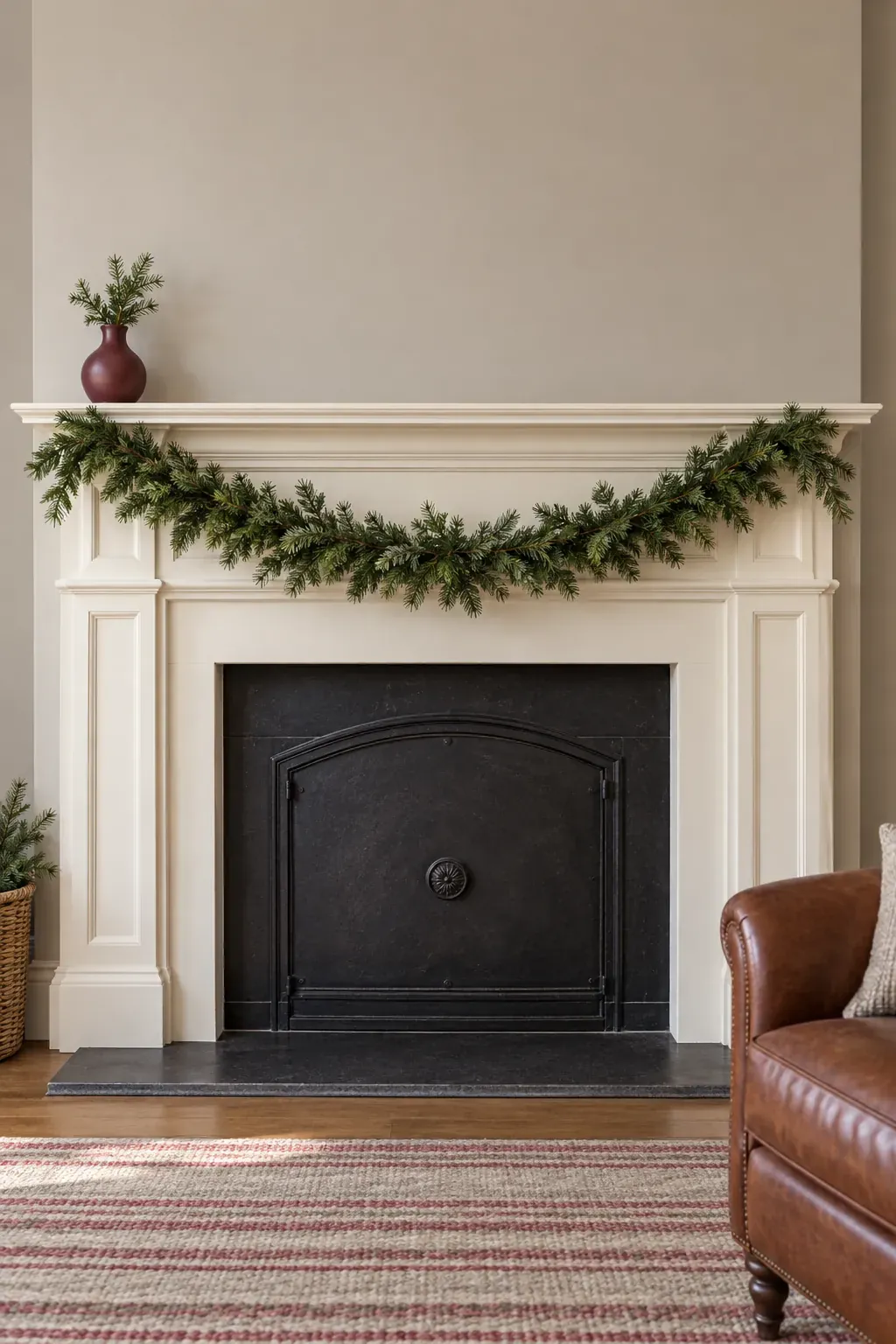Shape a shallow central swag for a Christmas mantel garland