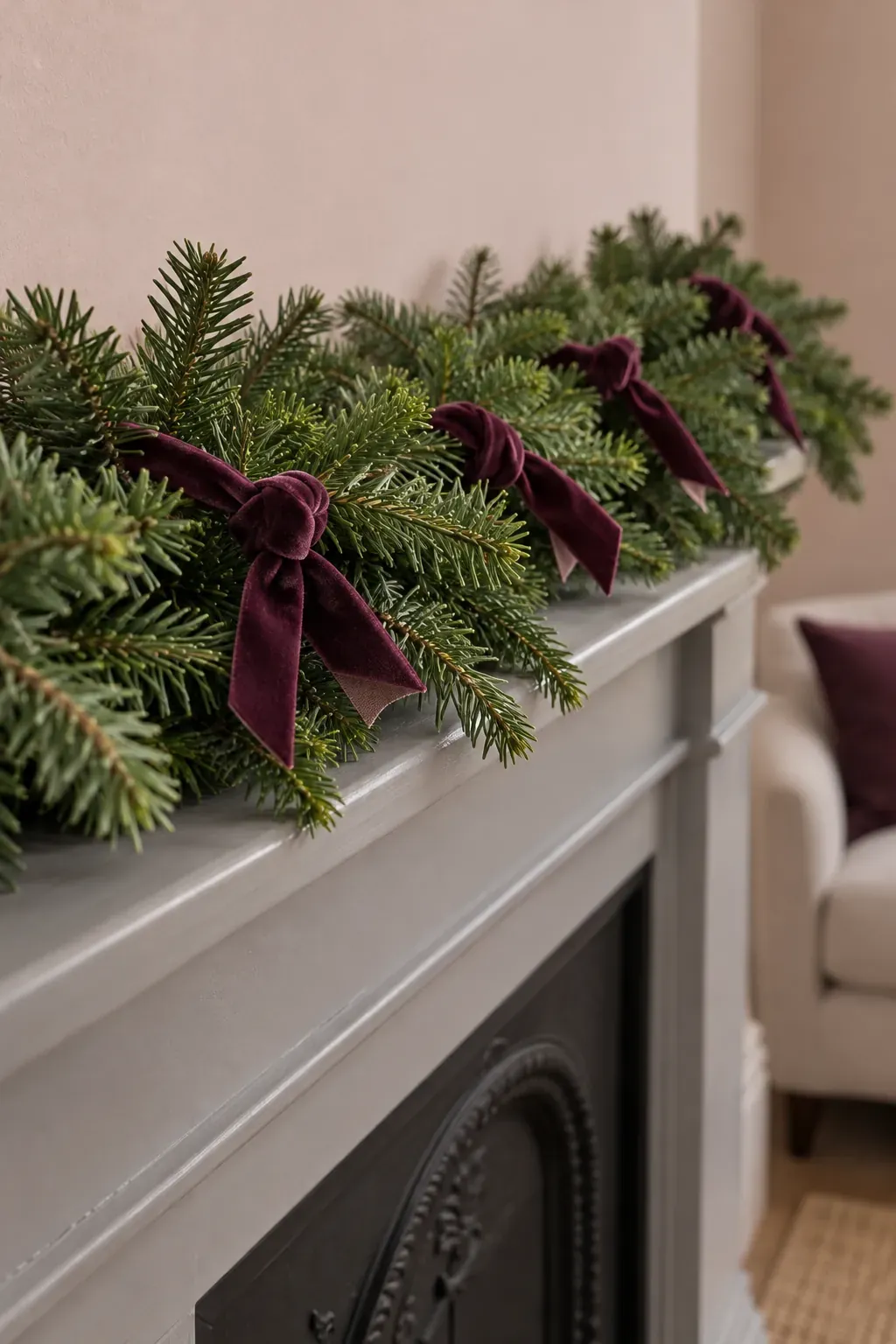 Tie small velvet knots along the greenery for a Christmas mantel garland