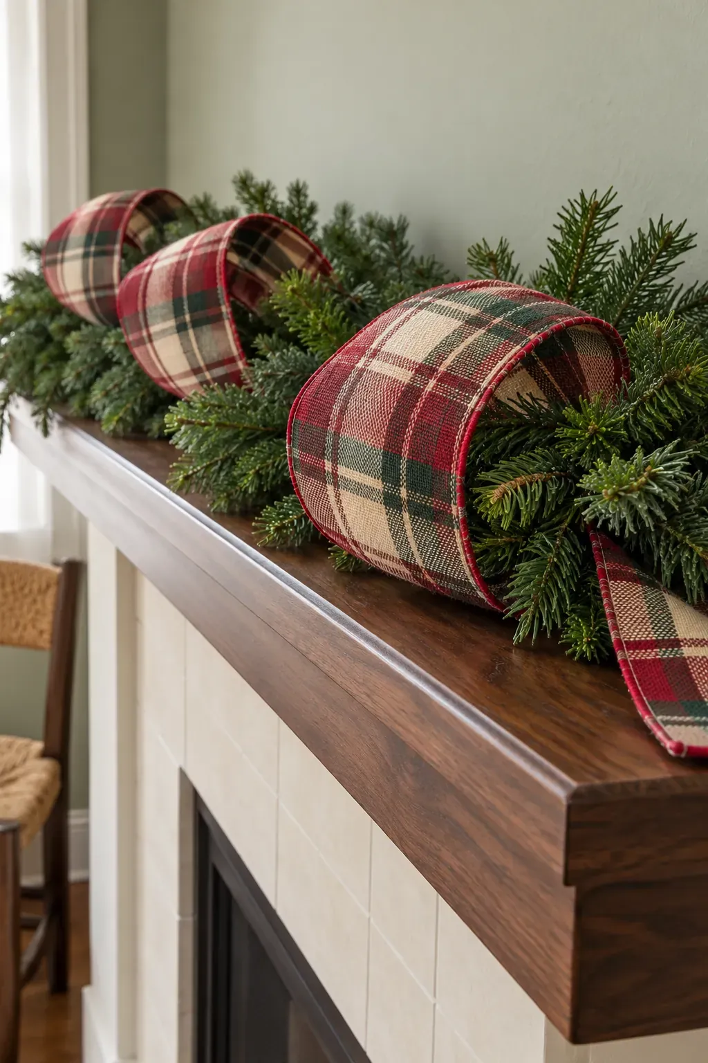 Weave plaid ribbon in loose pockets for a Christmas mantel garland