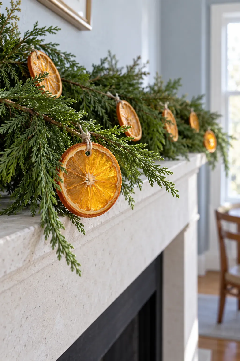 Space dried citrus between the branches for a Christmas mantel garland