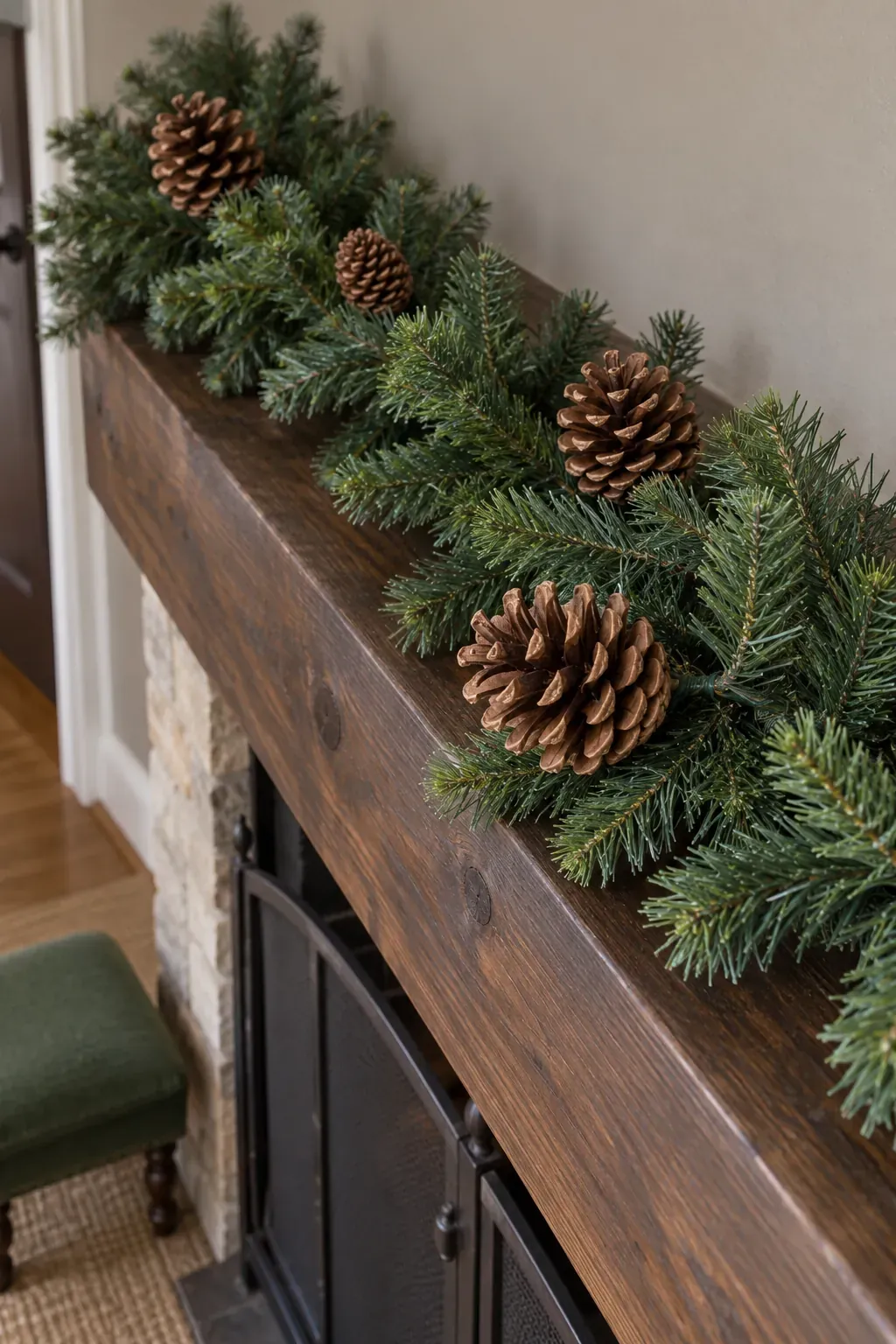 Use pinecones to fill only the sparse spots for a Christmas mantel garland