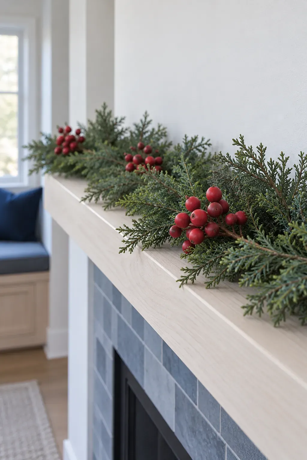 Add berries in small clusters for a Christmas mantel garland