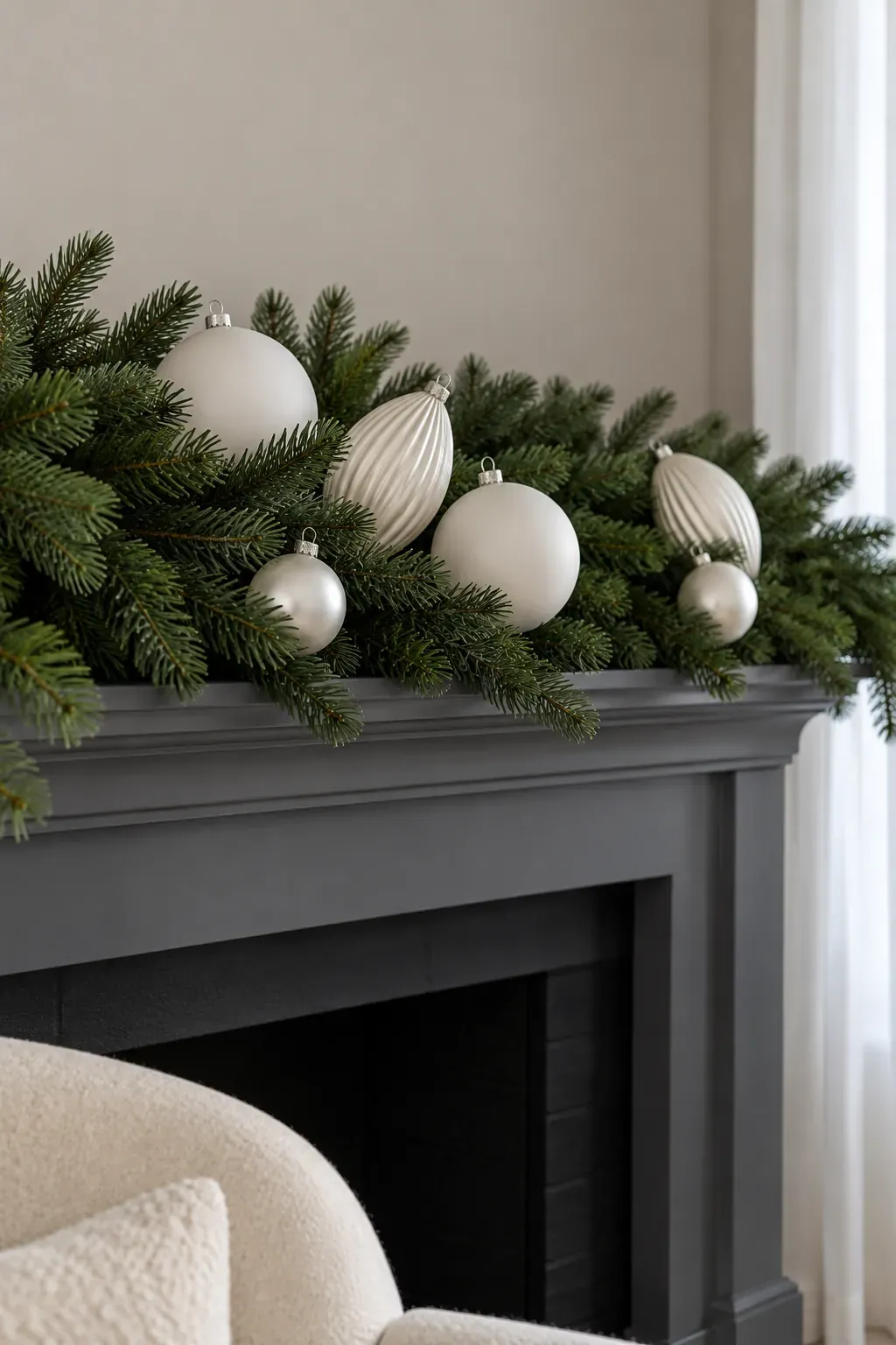 Choose white ornaments with varied finishes for a Christmas mantel garland