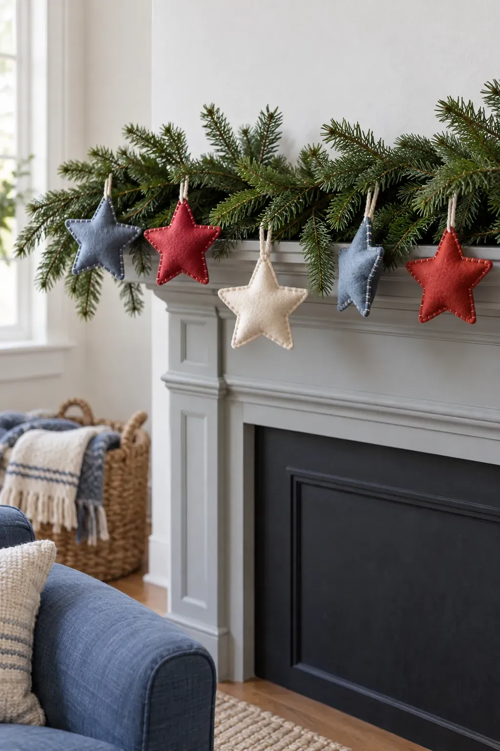Attach soft felt stars for a Christmas mantel garland