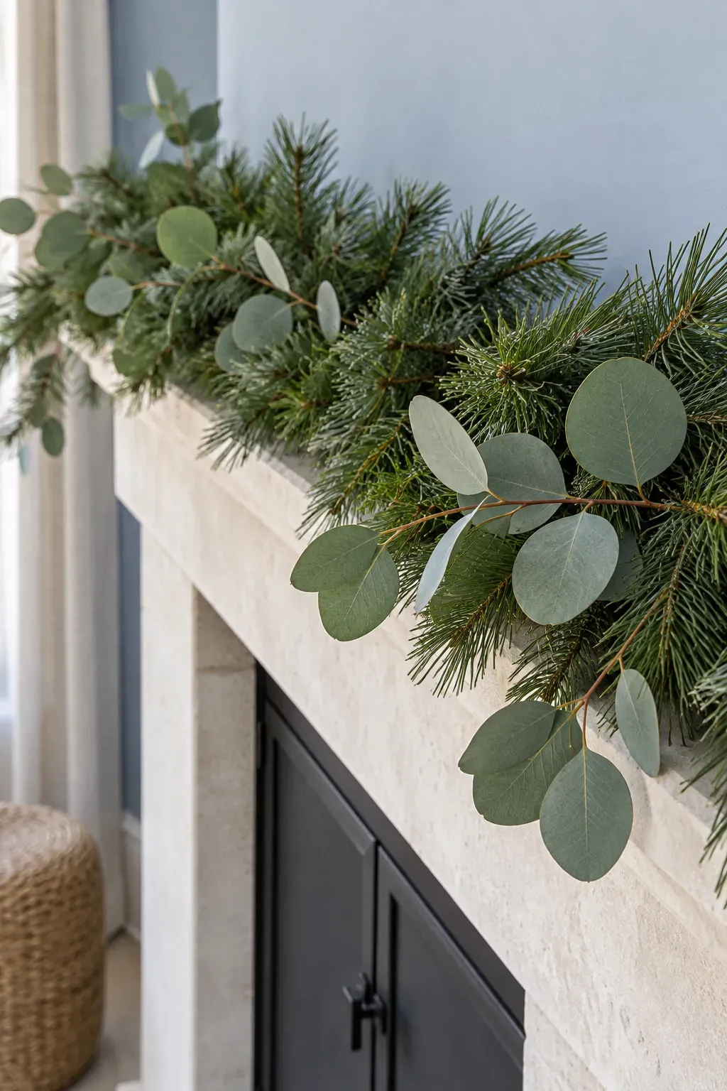Break up pine with eucalyptus for a Christmas mantel garland