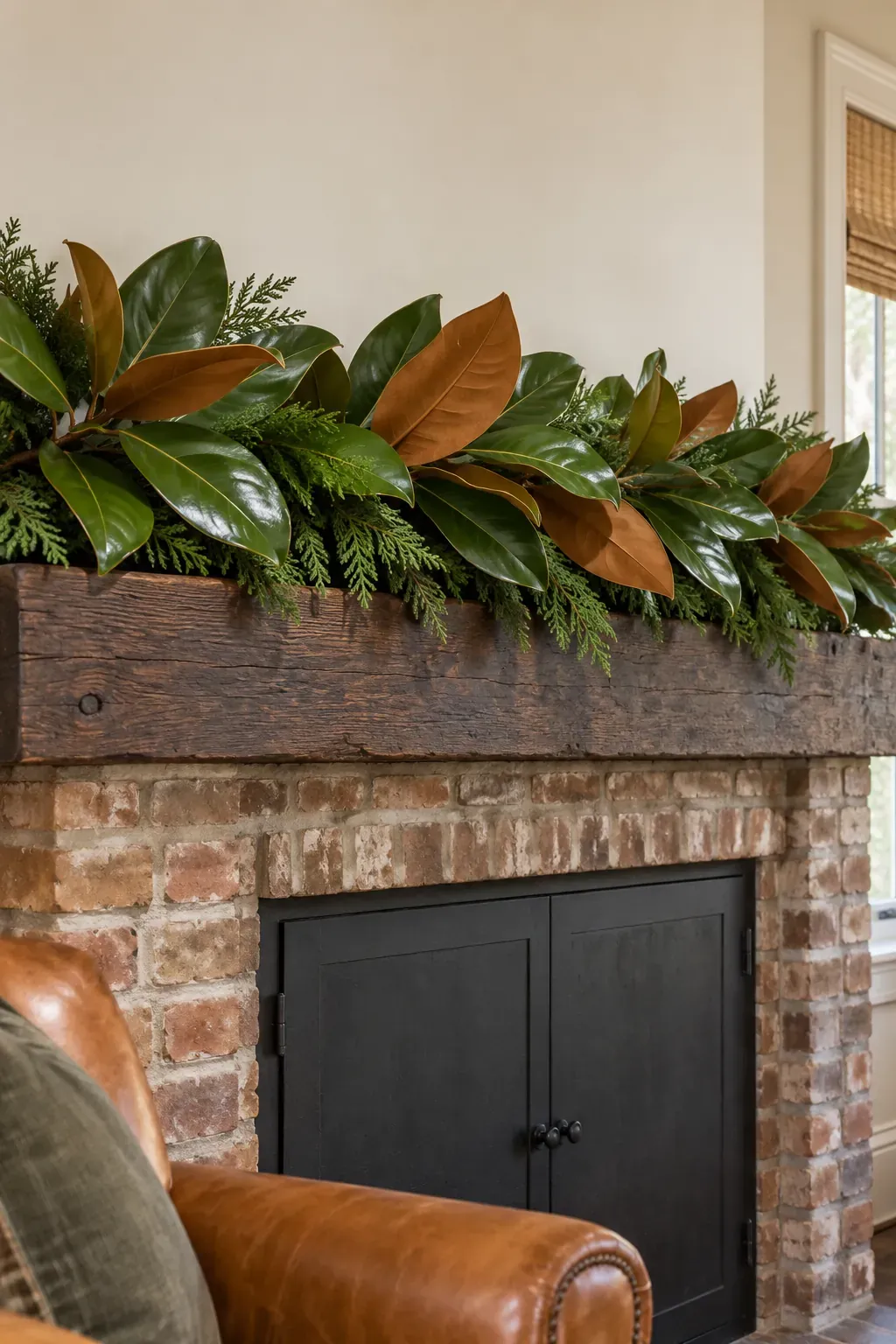 Turn magnolia leaves to show both sides for a Christmas mantel garland
